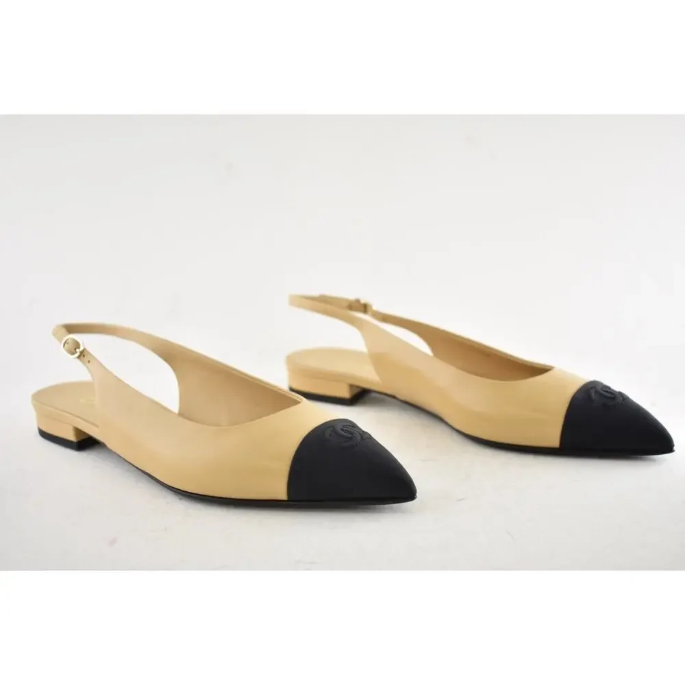 Chanel 24A Beige Leather Black CC Logo Coco Slingback Pointed Ballet Flat 38.5 - Picture 4 of 16